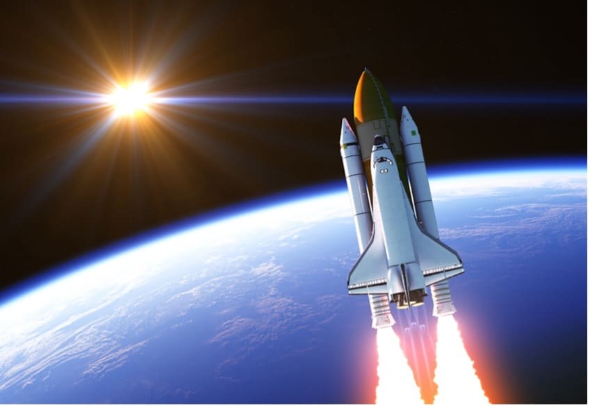 A space shuttle flying in space
